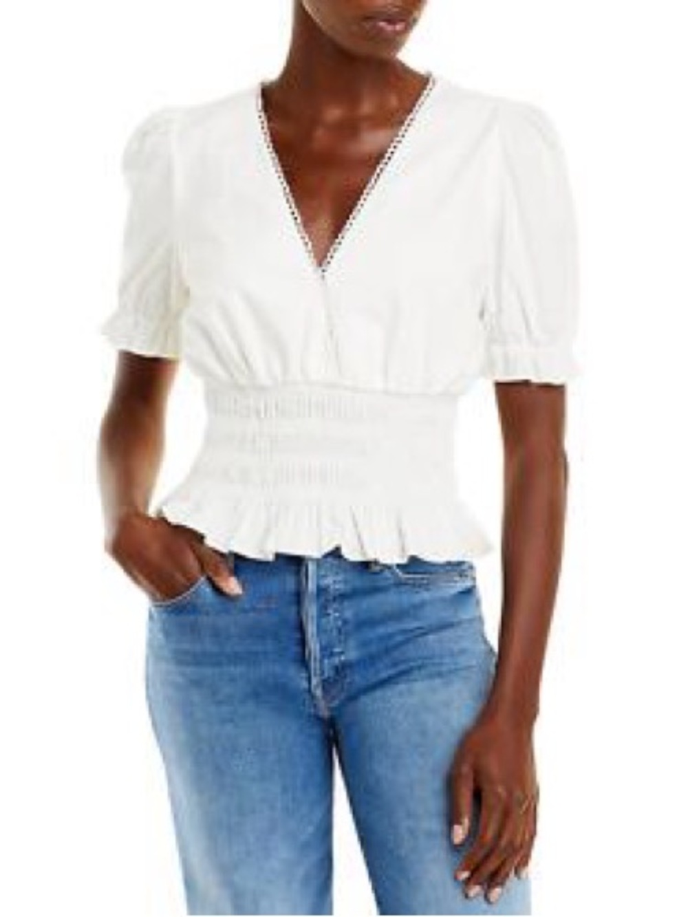 WAYF  Womens V-Neck Smocked Waist Top Ivory‎ Cottagecore boho